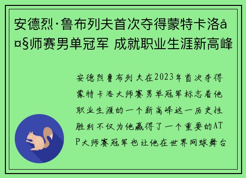 安德烈·鲁布列夫首次夺得蒙特卡洛大师赛男单冠军 成就职业生涯新高峰