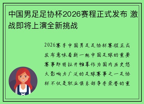 中国男足足协杯2026赛程正式发布 激战即将上演全新挑战 中国男足足协杯2026赛程正式发布 激战即将上演全新挑战