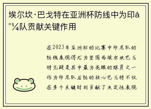埃尔坎·巴戈特在亚洲杯防线中为印尼队贡献关键作用