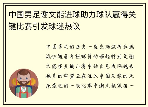 中国男足谢文能进球助力球队赢得关键比赛引发球迷热议